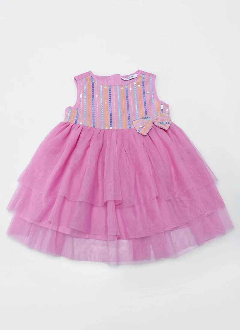 Nautinati Nautinati Girls Purple Soft Mesh Sequin Sleeveless Knee Length Frock with Bow