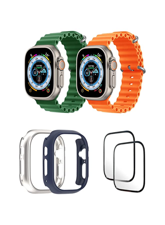 IAF Silicone Ocean Band Strap for Apple Watch Ultra 8 49mm Green/Orange , Case Compatible with Apple Watch Ultra 49mm Transparent/Blue , 2* pcs Watch glass Set of 6