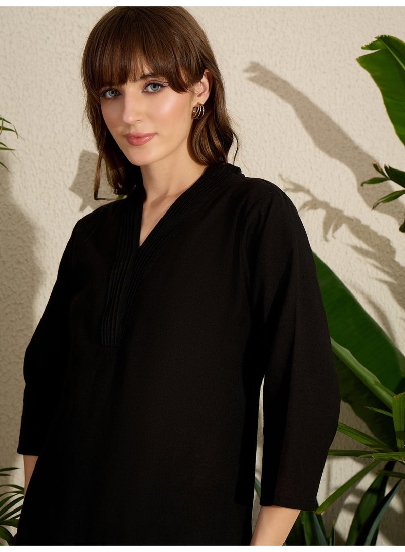 Ameya Black Embroidered Pure Cotton Straight Kurta Palazzo Set - Image 1