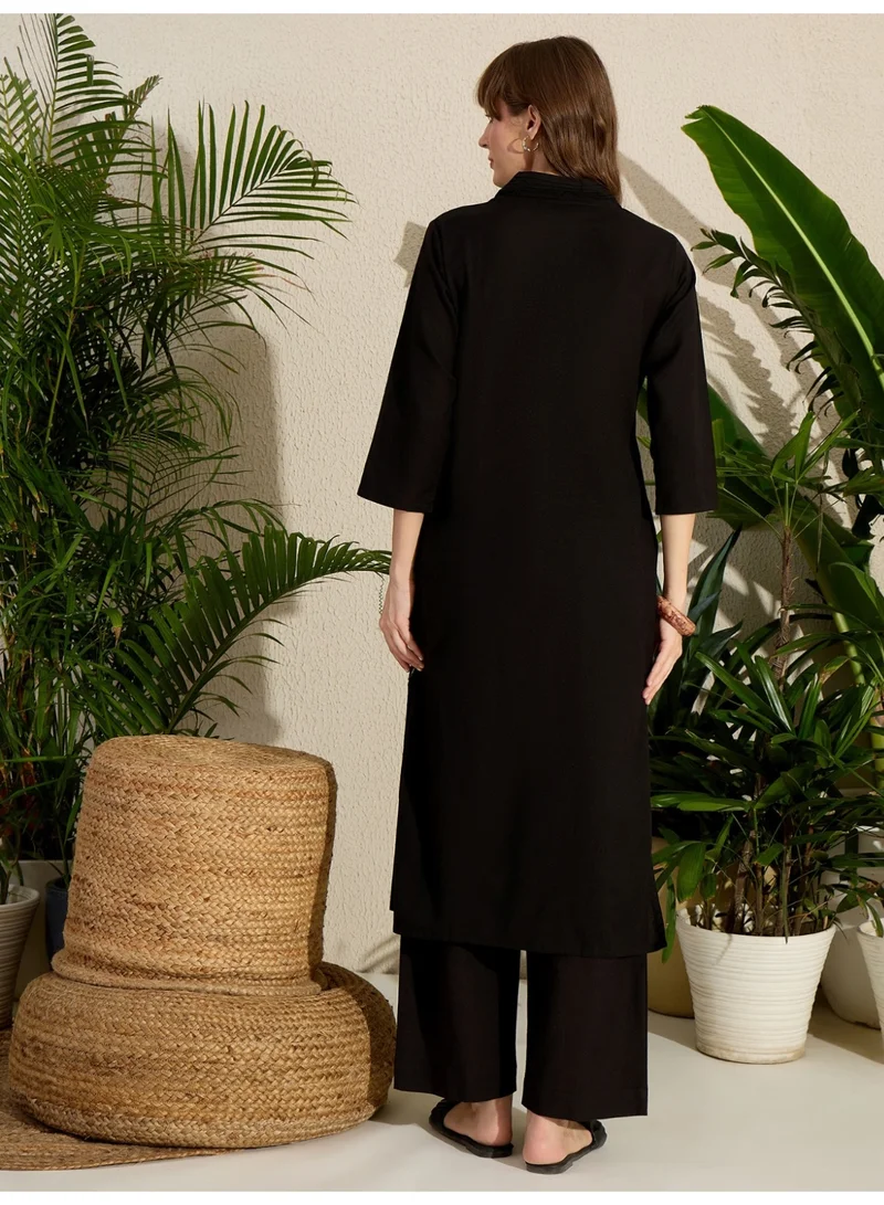 Ameya  Black Embroidered Pure Cotton Straight Kurta Palazzo Set for Women | Best Price UAE
