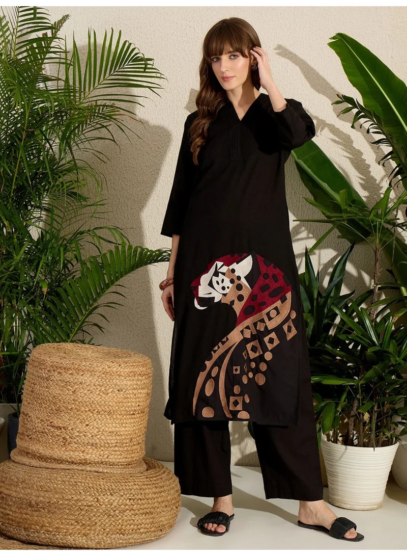 Ameya  Black Embroidered Pure Cotton Straight Kurta Palazzo Set for Women | Best Price UAE