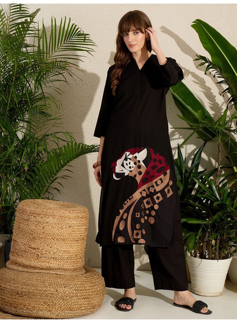 Ameya Black Embroidered Pure Cotton Straight Kurta Palazzo Set - Image 4