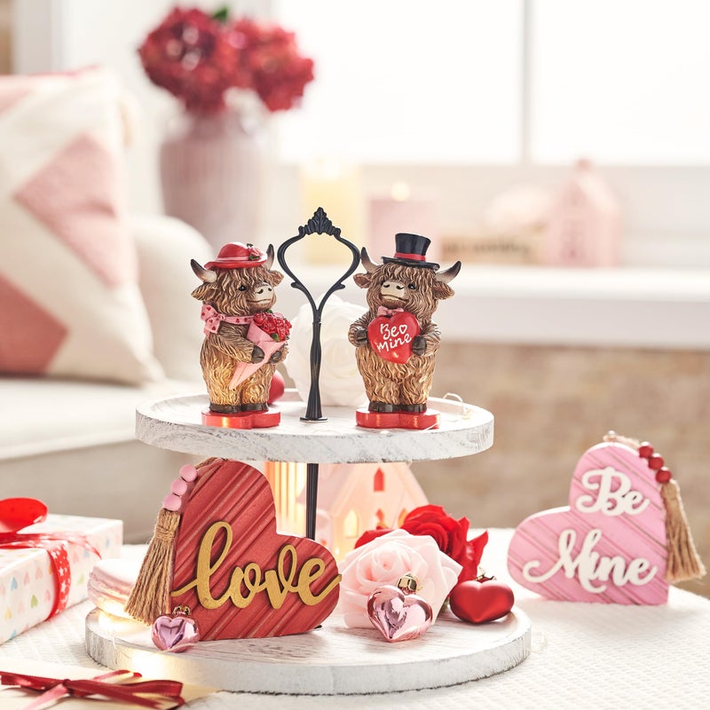 Valery Madelyn 2Pcs Valentines Highland Cow Decor, Cute Romantic Brown Calf Resin Handmade Figurines for Tiered Tray Table Home Decor, Valentines Gifts for Him Her Wedding Anniversary, 4 Inch - Image 2