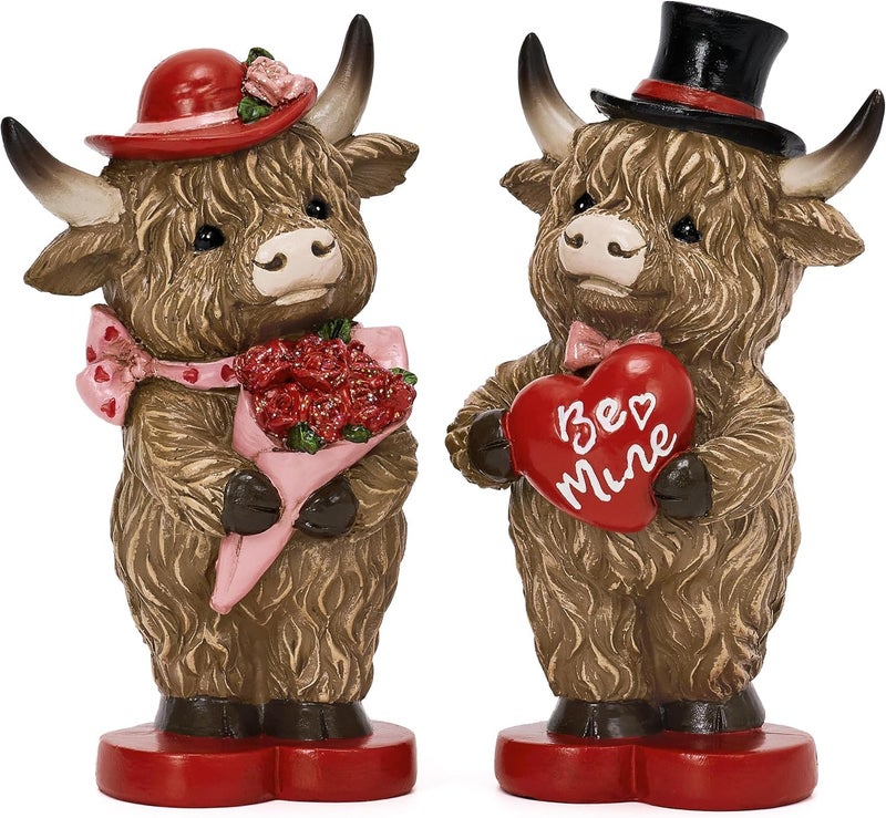 Valery Madelyn 2Pcs Valentines Highland Cow Decor, Cute Romantic Brown Calf Resin Handmade Figurines for Tiered Tray Table Home Decor, Valentines Gifts for Him Her Wedding Anniversary, 4 Inch - Image 1