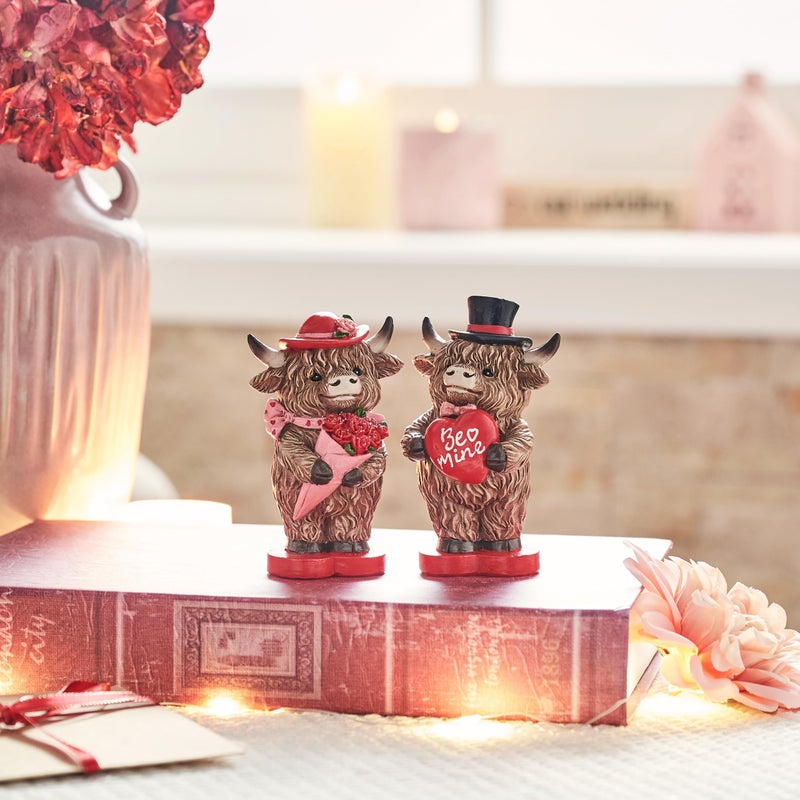 Valery Madelyn 2Pcs Valentines Highland Cow Decor, Cute Romantic Brown Calf Resin Handmade Figurines for Tiered Tray Table Home Decor, Valentines Gifts for Him Her Wedding Anniversary, 4 Inch - Image 5
