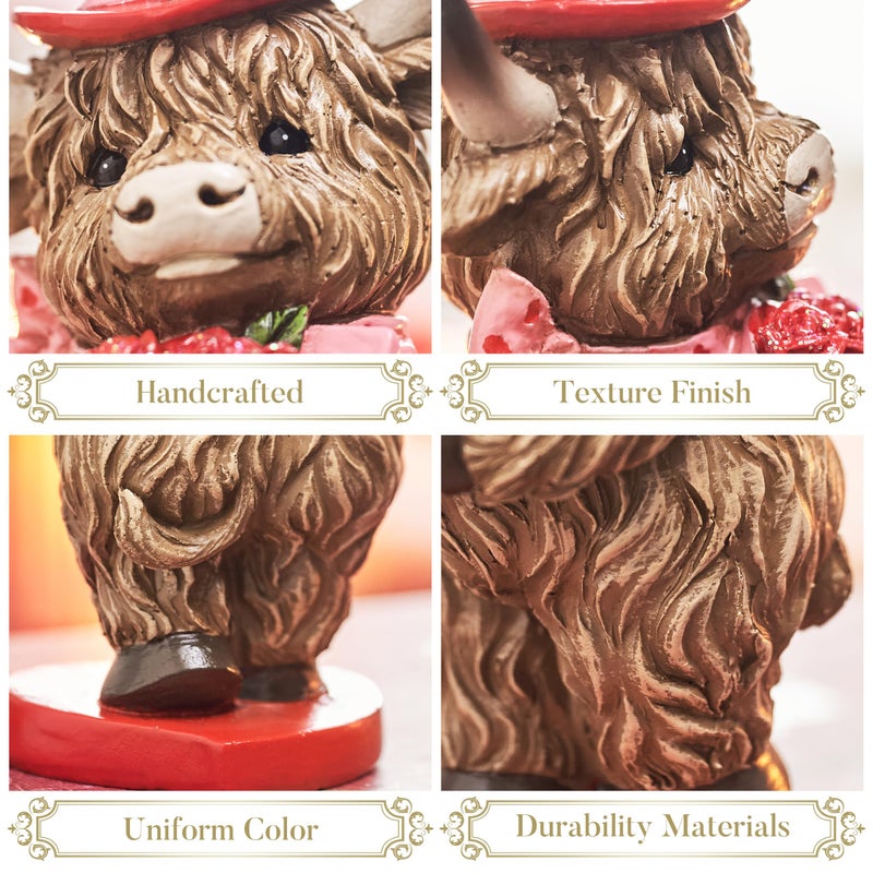 Valery Madelyn 2Pcs Valentines Highland Cow Decor, Cute Romantic Brown Calf Resin Handmade Figurines for Tiered Tray Table Home Decor, Valentines Gifts for Him Her Wedding Anniversary, 4 Inch - Image 4