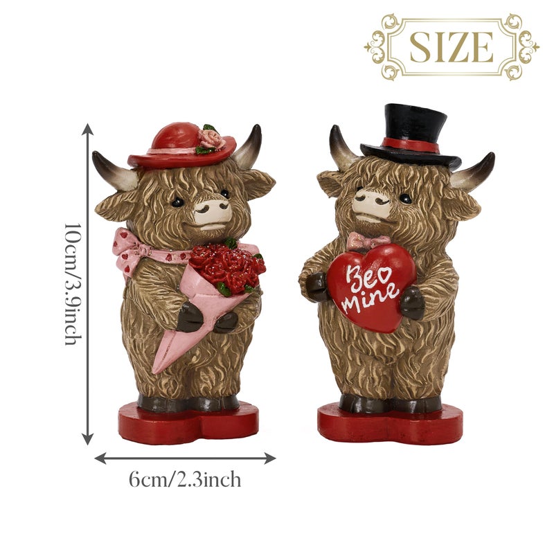 Valery Madelyn 2Pcs Valentines Highland Cow Decor, Cute Romantic Brown Calf Resin Handmade Figurines for Tiered Tray Table Home Decor, Valentines Gifts for Him Her Wedding Anniversary, 4 Inch - Image 3