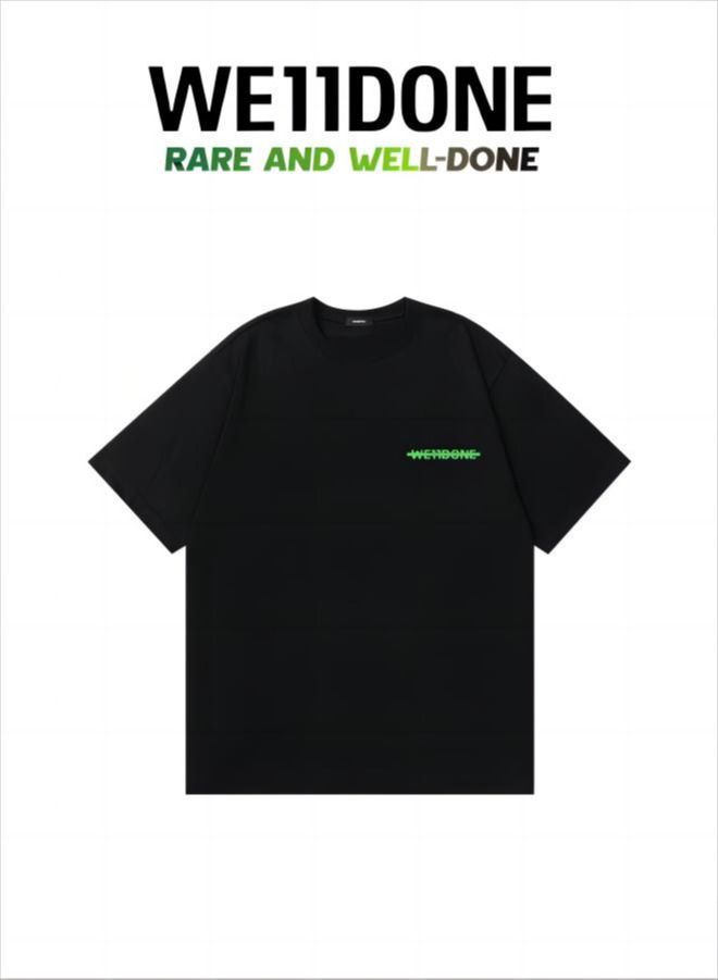 we11done Stylish Foam Green Underlined Letters Printed Summer T-Shirt Trendy Round Neck Cotton Jersey Loose Fit Tee for Couples Black  - Image 1