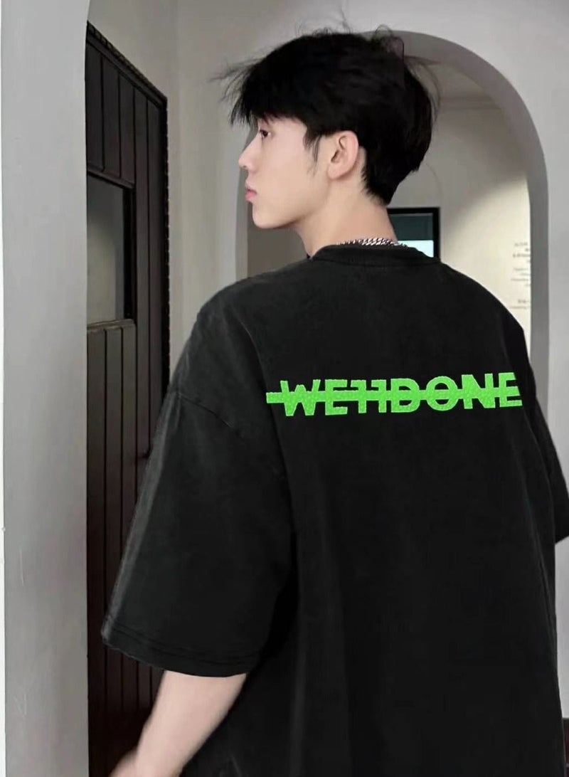 we11done Stylish Foam Green Underlined Letters Printed Summer T-Shirt Trendy Round Neck Cotton Jersey Loose Fit Tee for Couples Black  - Image 5
