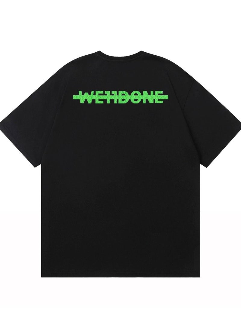 we11done Stylish Foam Green Underlined Letters Printed Summer T-Shirt Trendy Round Neck Cotton Jersey Loose Fit Tee for Couples Black  - Image 2