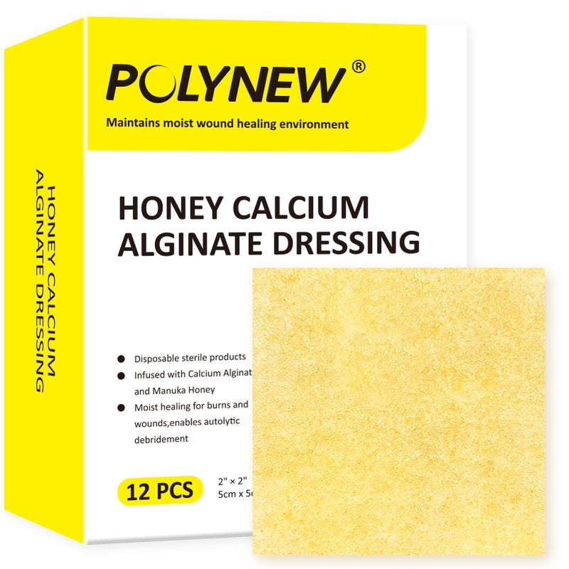 POLYNEW Polynew Manuka Honey Calcium Alginate Dressing 12 Individual Pack 2x2 Patches Wound Dressing with Calcium Alginate Bandages for Burns Faster Wound Care