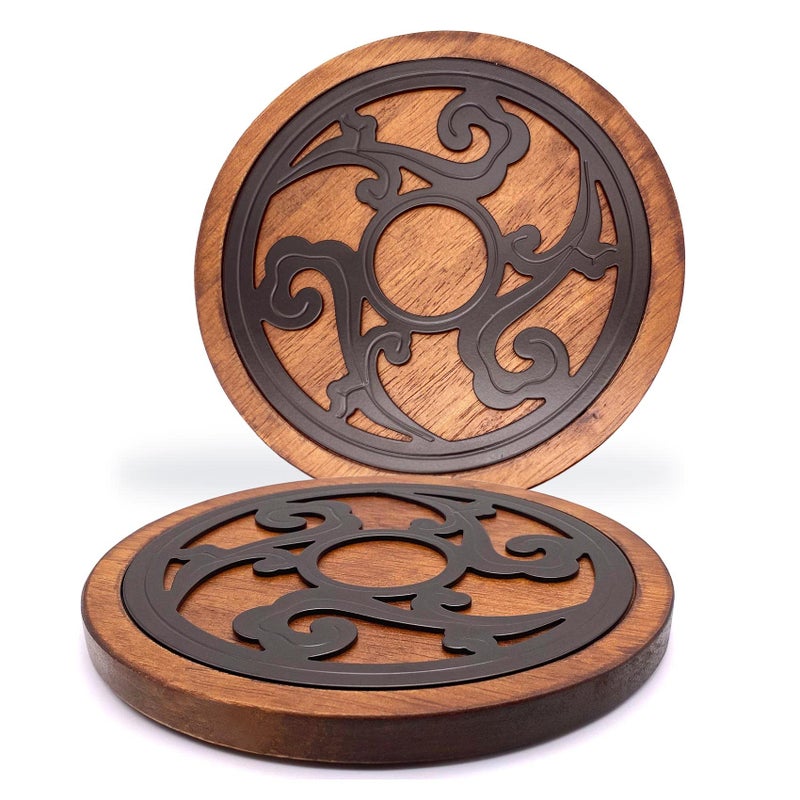 Cast Iron with Wood Trivets Set of 2 Wooden Trivets for Hot Dishes 8inch Round Kitchen Hot Pads for Table and Kitchen Counter Heat Resistant Rustproof NonSlip Durable Hand Crafted Black