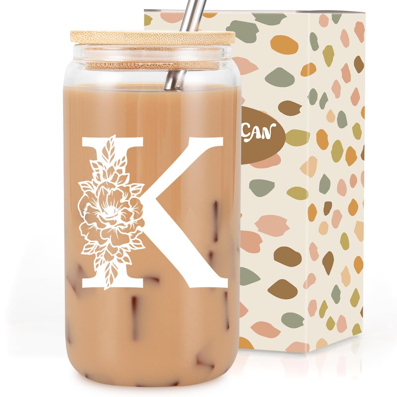 Coolife Initial Glass Cup, Monogrammed Gifts for Women, 16 oz Glass Cups w/Lids Straws, Iced Coffee Smoothie Beer Tumbler w/Straw Lid - Personalized Valentines, Birthday Gifts for Her Mom Friend - Image 1