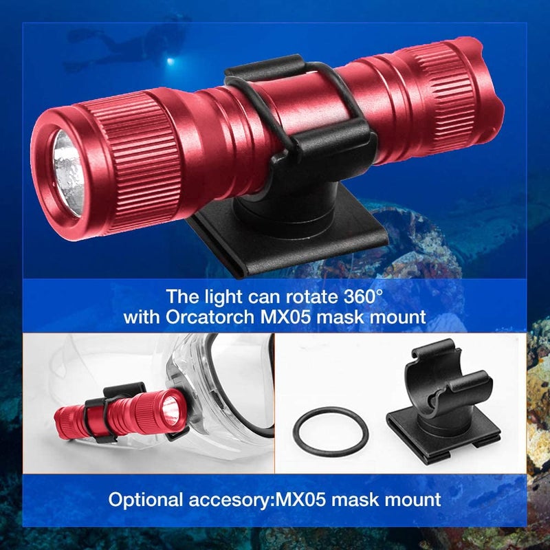 ORCATORCH مصباح الغوص المصغر ORCATORCH D560 بقدرة 650 لومن مع مشبك قناع دوار بزاوية 360 درجة، مصباح احتياطي تحت الماء بعمق 150 متر مع مفتاح دوار (لا يتضمن قناع الغوص) (أحمر) - Image 4
