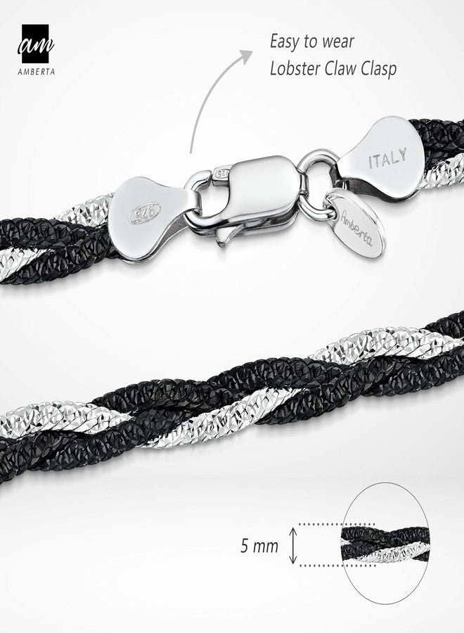 Amberta Women's 925 Sterling Silver Braided Herringbone Chain Bracelet (Length 7.5 inch): Silver Plated Black - Image 3