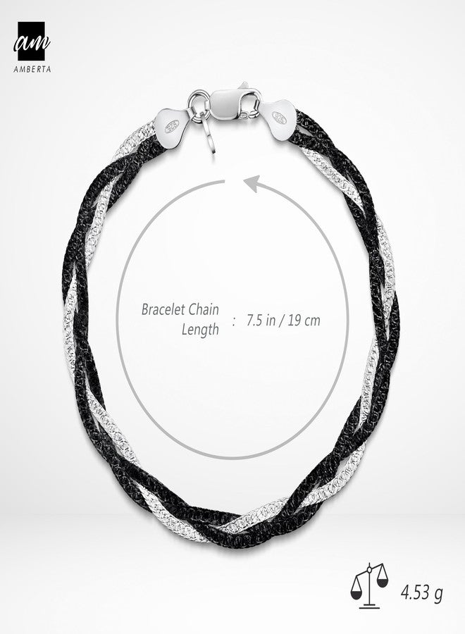 Amberta Women's 925 Sterling Silver Braided Herringbone Chain Bracelet (Length 7.5 inch): Silver Plated Black - Image 2