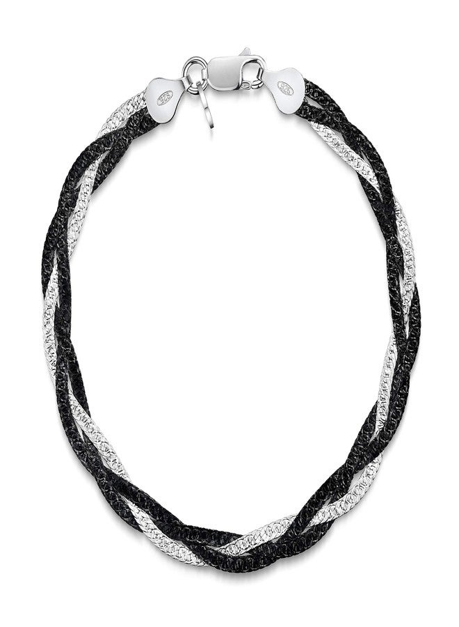 Amberta Women's 925 Sterling Silver Braided Herringbone Chain Bracelet (Length 7.5 inch): Silver Plated Black - Image 1