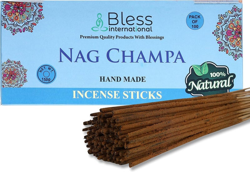 Bless International BlessNagChampa 100NaturalHandmadeHandDippedIncenseSticks OrganicChemicalsCharcoalFree PurificationRelaxationPositivityYogaMeditation BestWoodsScent 100 Sticks 150GM