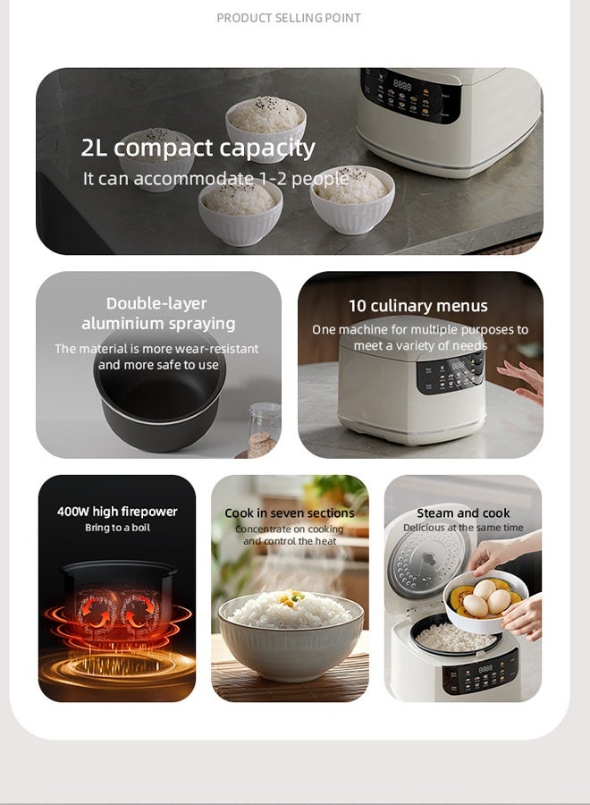 داكس طباخة أرز ذكية سعة 2 لتر مع مؤقت قابل للبرمجة 24 ساعة، طهي دقيق بـ7 مراحل، وعاء مزدوج غير لاصق، متعددة الوظائف مع 10 قوائم مسبقة، خالية من BPA، وظيفة الحفاظ على الدفء، تصميم مدمج للأسر الصغيرة - Image 2