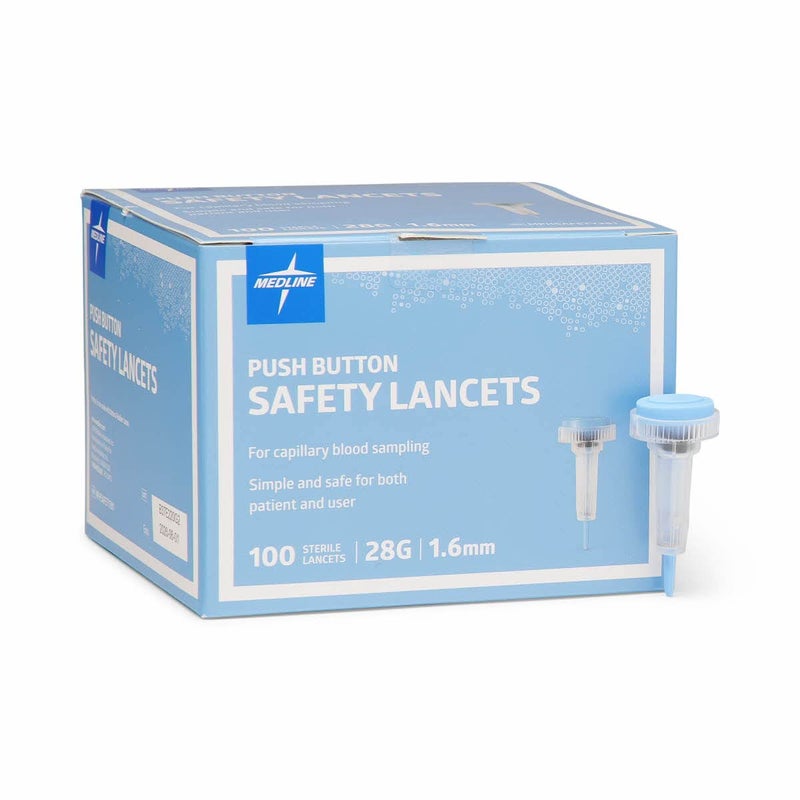 Medline Sterile Safety Lancets PushButton Activation Blood Glucose Testing Controlled Penetration 28G x 16 mm 100 Count - Image 1