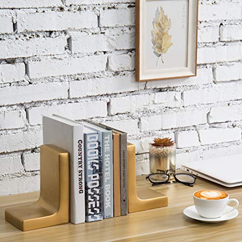 MyGift Modern Gold Concrete Office Bookshelf Decor Bookends for Heavy Book and Textbooks, Desktop Book Holder, 1 Pair - Image 2