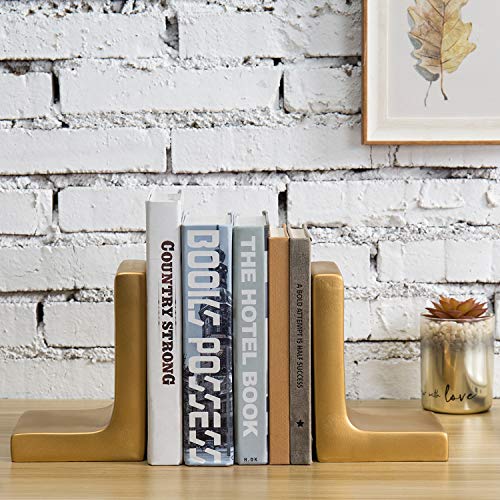 MyGift Modern Gold Concrete Office Bookshelf Decor Bookends for Heavy Book and Textbooks, Desktop Book Holder, 1 Pair - Image 3
