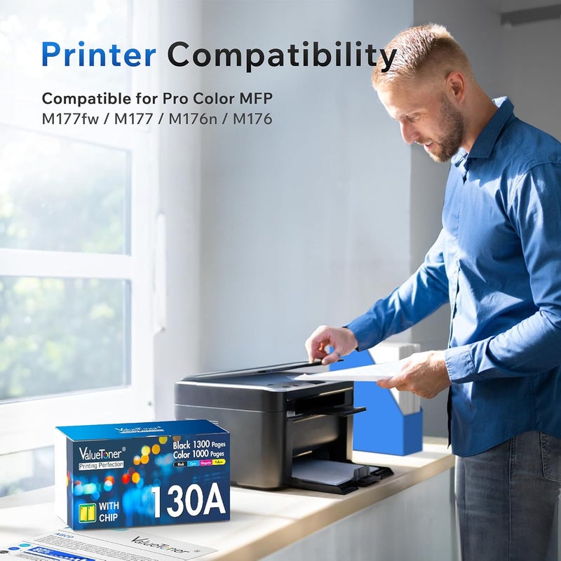 Valuetoner خرطوشة حبر معاد تصنيعها من نوع Valuetoner 130A CF350A، مناسبة لطابعات HP 130A CF351A، CF352A، CF353A، طراز Laserjet Pro Color MFP M177fw، M176n، M177، M176 (لون أسود واحد، أزرق واحد، بنفسجي واحد، أصفر واحد). - Image 2