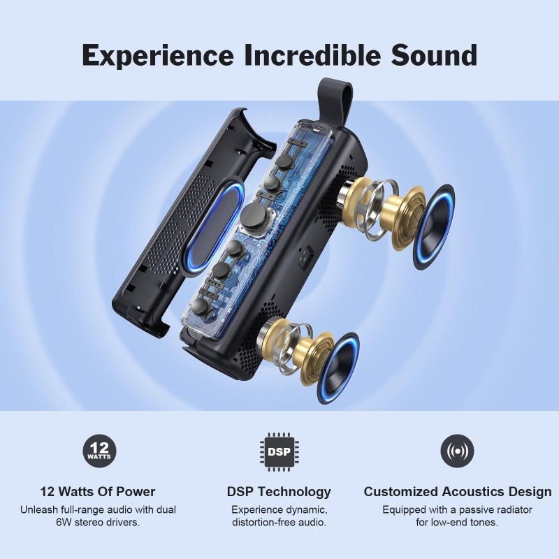 DOSS Bluetooth Speaker, E-go II Portable Speaker with 12W Superior Sound and Loud Bass, IPX6 Waterproof, Built-in Mic, 12H Playtime, Waterproof Speaker for Pool, Beach, Outdoor, and Travel - Grey - Image 2