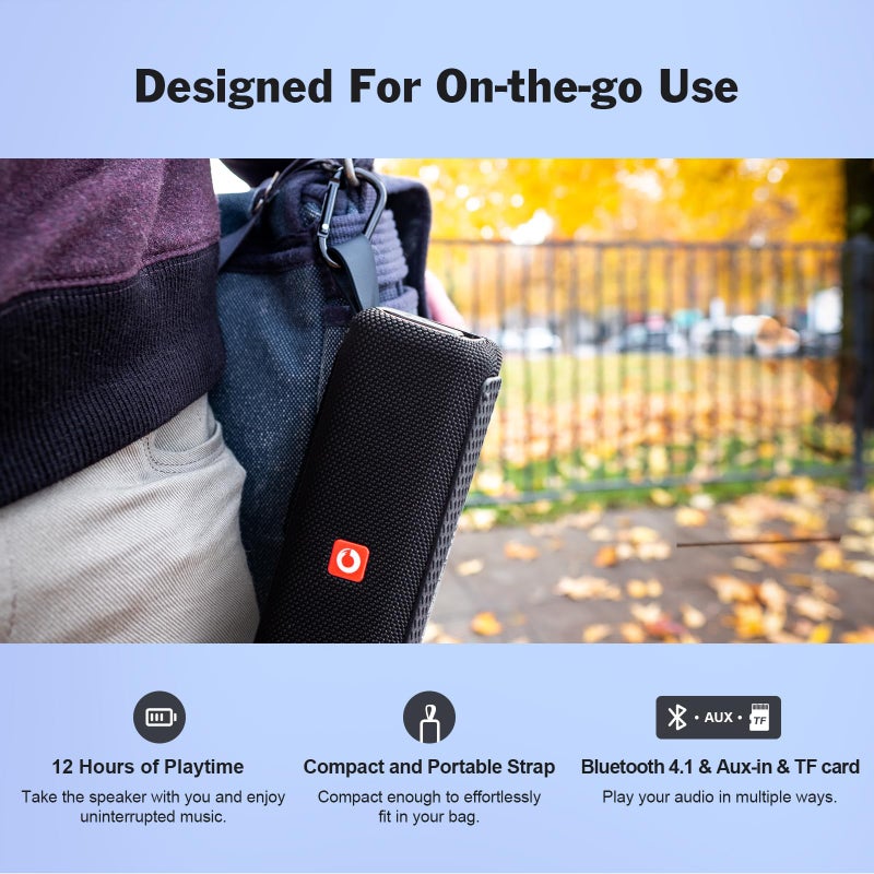 DOSS Bluetooth Speaker, E-go II Portable Speaker with 12W Superior Sound and Loud Bass, IPX6 Waterproof, Built-in Mic, 12H Playtime, Waterproof Speaker for Pool, Beach, Outdoor, and Travel - Grey - Image 4