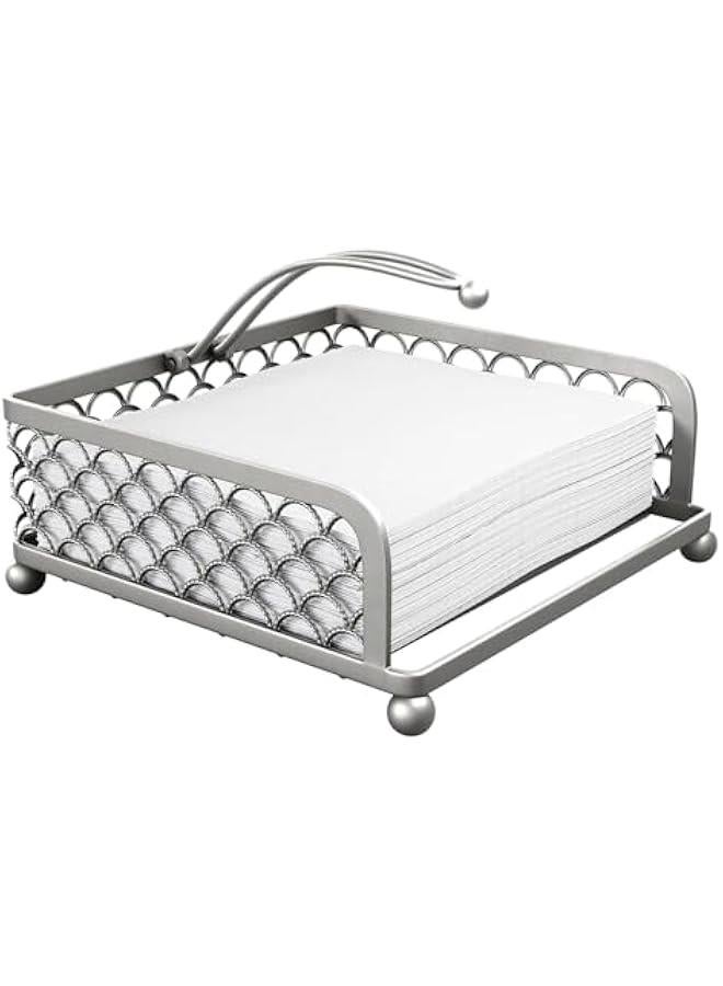 HOOKOR Durku Elegant Flat Paper Napkin Holder with Dispenser Arm - Silver Napkin Holders for Table, Kitchen, Countertops & Outdoor Tables - Square Metal Lattice Dinner Napkin Holder (Silver) - Image 1