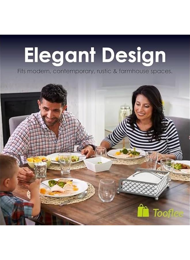 HOOKOR Durku Elegant Flat Paper Napkin Holder with Dispenser Arm - Silver Napkin Holders for Table, Kitchen, Countertops & Outdoor Tables - Square Metal Lattice Dinner Napkin Holder (Silver) - Image 2