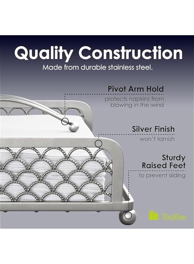 HOOKOR Durku Elegant Flat Paper Napkin Holder with Dispenser Arm - Silver Napkin Holders for Table, Kitchen, Countertops & Outdoor Tables - Square Metal Lattice Dinner Napkin Holder (Silver) - Image 3