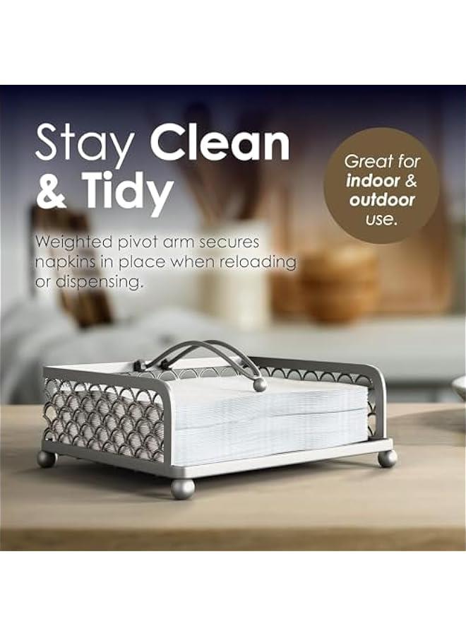 HOOKOR Durku Elegant Flat Paper Napkin Holder with Dispenser Arm - Silver Napkin Holders for Table, Kitchen, Countertops & Outdoor Tables - Square Metal Lattice Dinner Napkin Holder (Silver) - Image 4