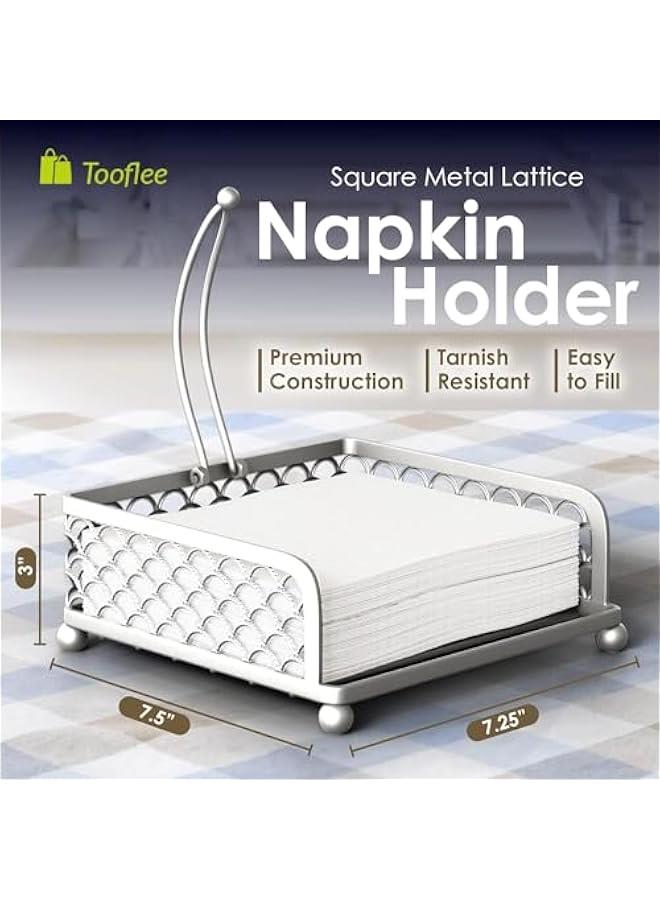 HOOKOR Durku Elegant Flat Paper Napkin Holder with Dispenser Arm - Silver Napkin Holders for Table, Kitchen, Countertops & Outdoor Tables - Square Metal Lattice Dinner Napkin Holder (Silver) - Image 5