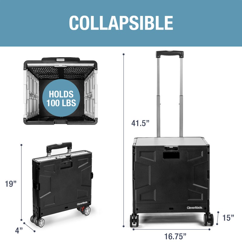 CleverMade Collapsible Wheeled Crate with Lid, 4-Wheels - Swivel and Glide Rolling Crate with Handle and Double Wheels for Easy Transport and Versatile Use - 55L and 100lb Capacity, Cool Gray - Image 2
