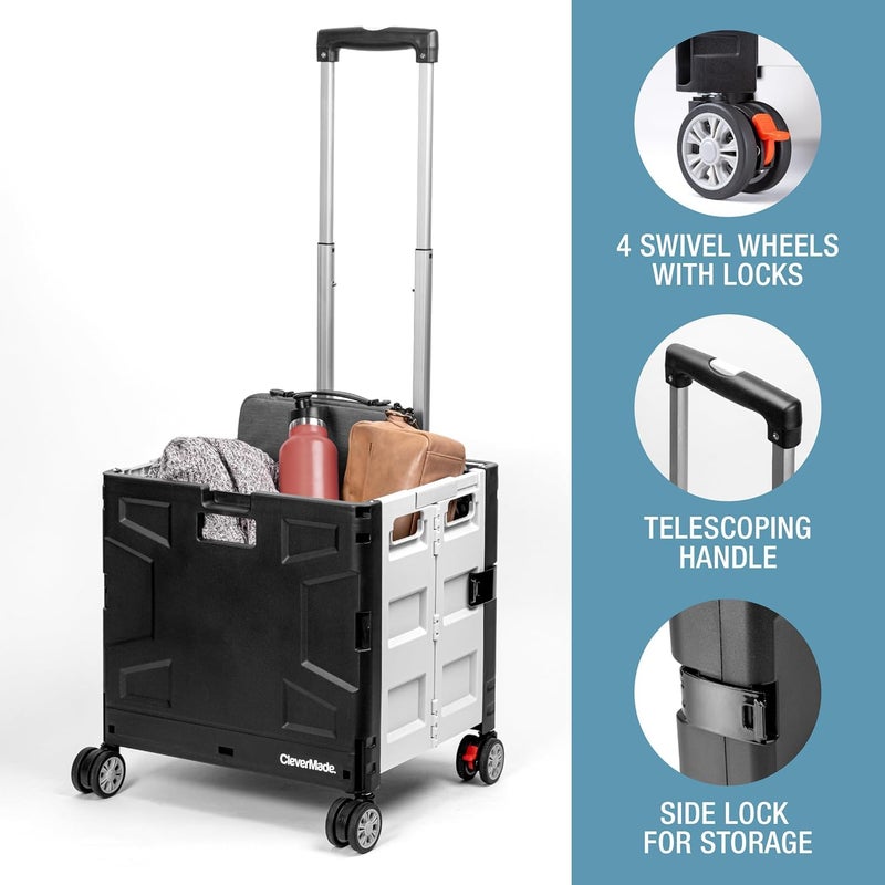 CleverMade Collapsible Wheeled Crate with Lid, 4-Wheels - Swivel and Glide Rolling Crate with Handle and Double Wheels for Easy Transport and Versatile Use - 55L and 100lb Capacity, Cool Gray - Image 3