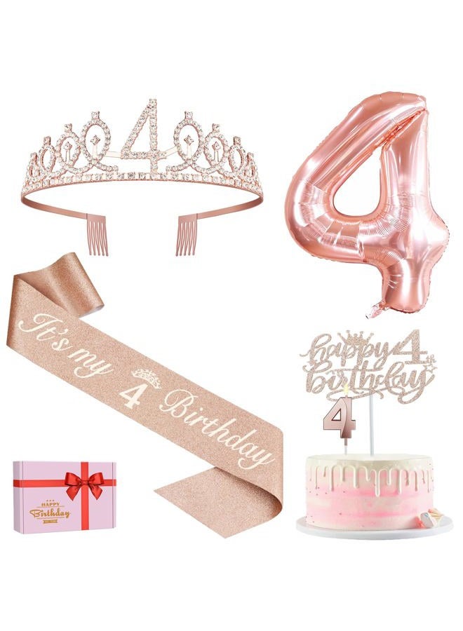 YeohJoy 4th Birthday Decorations for Girls, Including 4th Birthday Sash and Tiara, 4th Birthday Candles and Cake Toppers, Rose Gold 4 Balloons, 4th Birthday Gifts for Girls 4 Birthday - Image 1