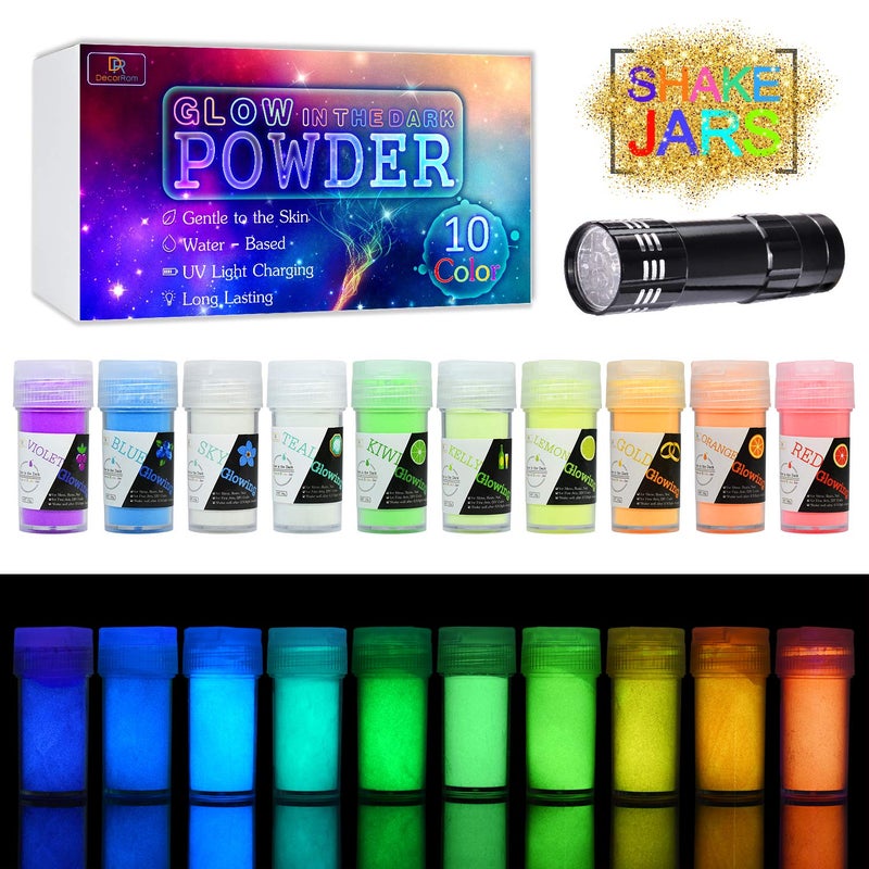 DecorRom 10 Color Glow In The Dark Pigment Powder with UV Lamp - Epoxy Resin Luminous Powder for Slime Kit,Skin Safe Long Lasting Self Glowing Dye for DIY Nail Art,Acrylic Paint,Fine Art, 0.7oz Each(Total 7oz) - Image 1