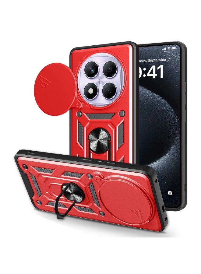 Shunjia Sliding Window Case, Shockproof Rugged Armor with Sliding Camera Cover & 360° Ring Kickstand, Compatible with Xiaomi Redmi Note 14 Pro (Red)