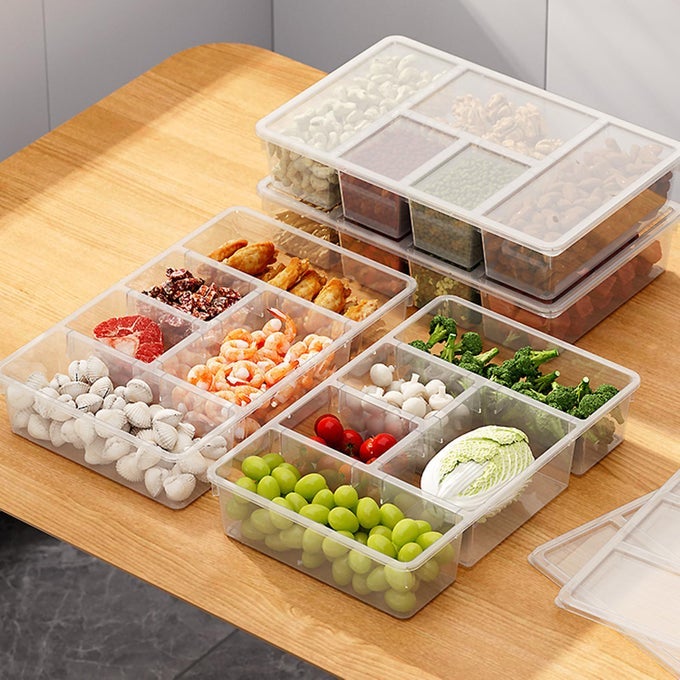 2 PACK DIVIDED VEGGIE TRAY WITH LID 5 COMPARTMENT CLEAR SNACK CONTAINERS FOR FRIDGE STACKABLE PRODUCE SAVER STORAGE FOR FRUITS VEGETABLES MEAT FISH
