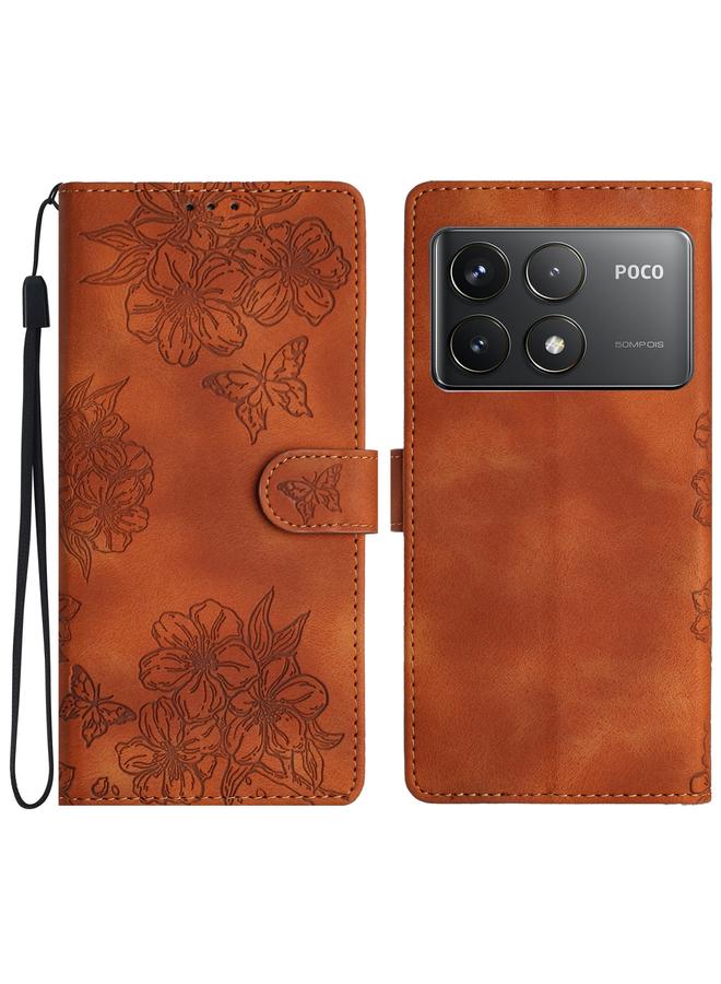 Case For Xiaomi Poco F6 Pro Cherry Blossom Butterfly Skin Feel Embossed PU Phone Case