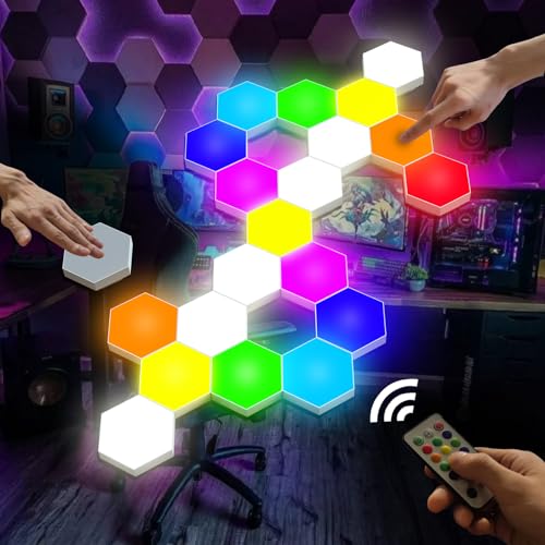 Vcwtty Hexagon Lights, Smart LED Wall Lights with Remote, 13 Colors Touch-Sensitive DIY Modular Assembled RGB Wall Panels, Hex Light with USB-Power for Autism, Game Room Decor, Party (12 Pack) - Image 1