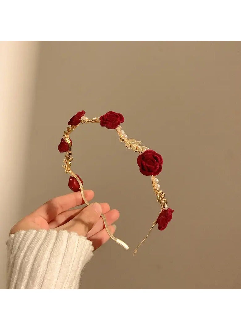 Elegant Hairband Adorned With Red Roses, And The Structure Coated With Shiny Gold  - Image 1