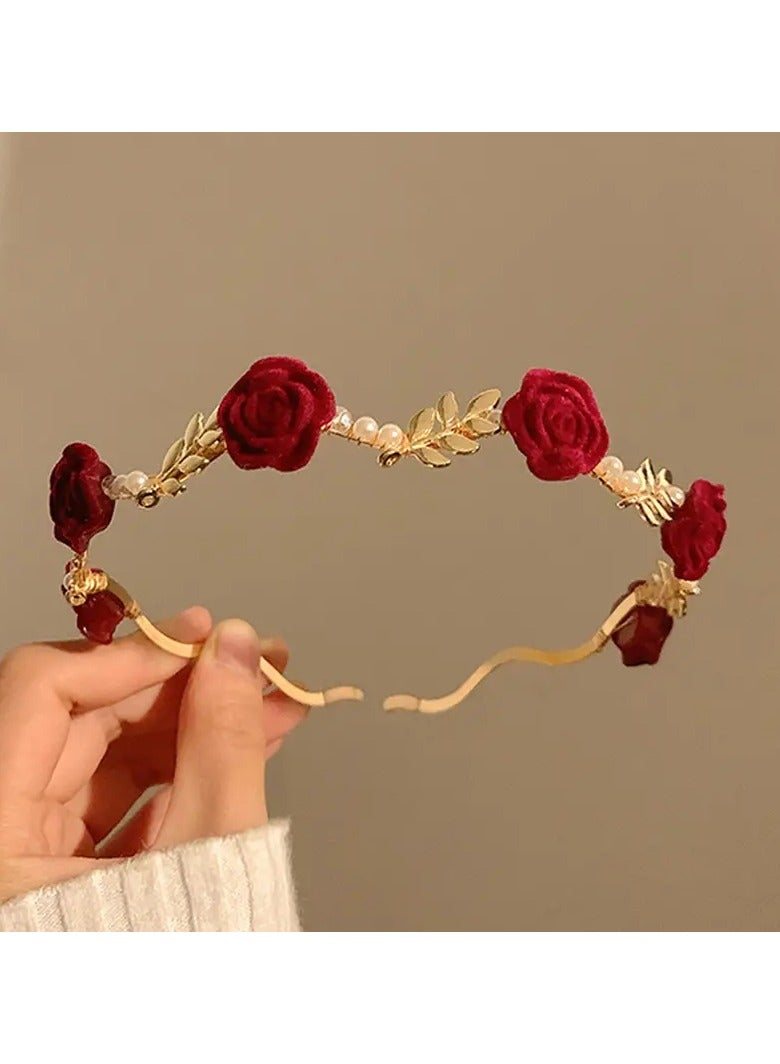 Elegant Hairband Adorned With Red Roses, And The Structure Coated With Shiny Gold  - Image 2