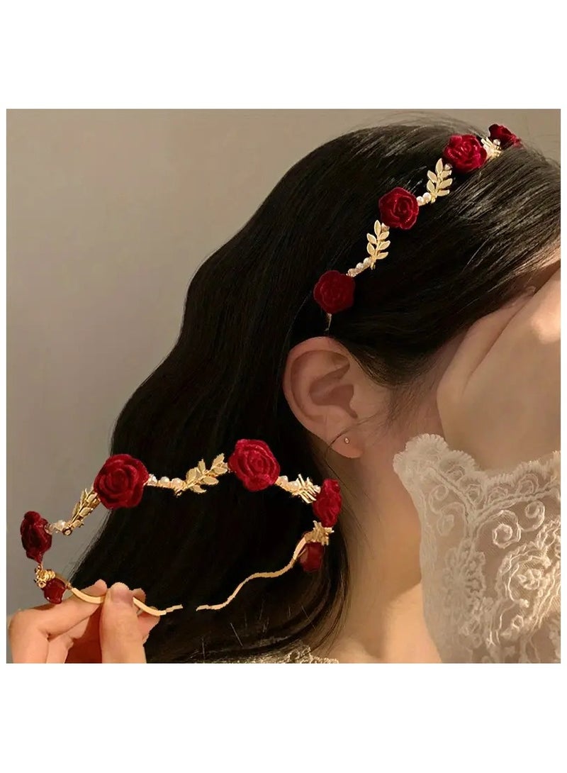 Elegant Hairband Adorned With Red Roses, And The Structure Coated With Shiny Gold  - Image 3