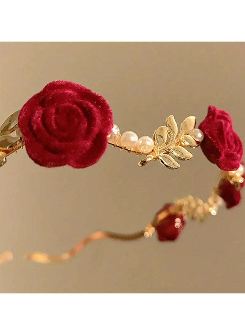 Elegant Hairband Adorned With Red Roses, And The Structure Coated With Shiny Gold  - Image 4