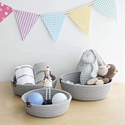 VINTAGE THREADS Pure Natural Cotton Rope Round Storage Handmade Shelf Basket For Home And Kitchen Office Bedroom Multipurpose Use Storage BasketSmall Medium Large Pack Of 3 Grey - Image 1