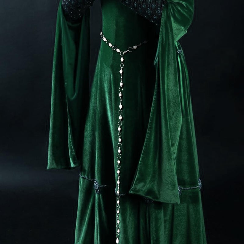 L'VOW Women's Renaissance Medieval Witch Belt - Silver Waist Chain With Concho Bead and Long Pearl for Dresses - Image 3