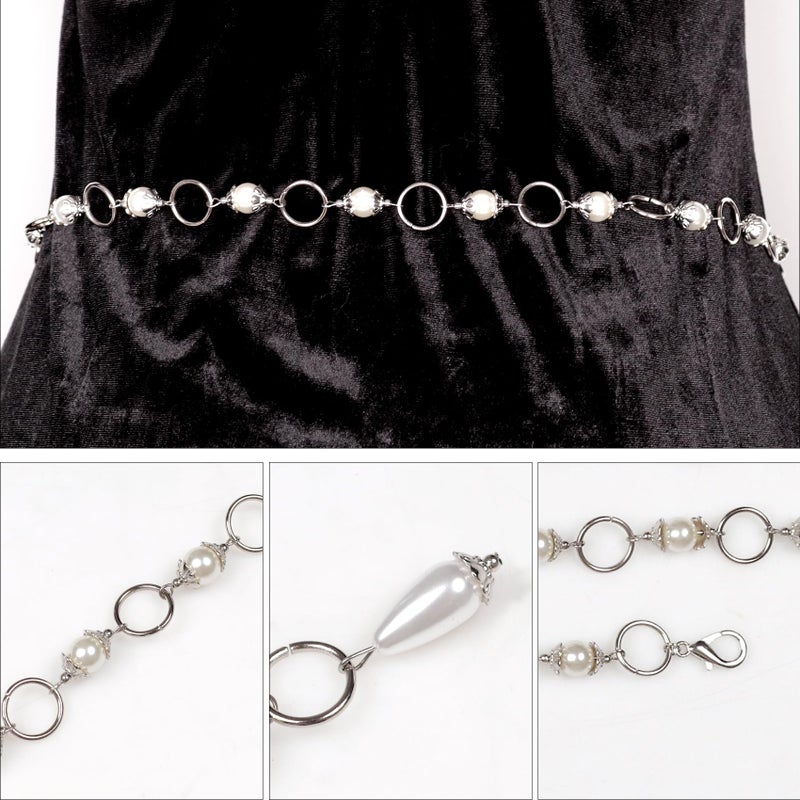 L'VOW Women's Renaissance Medieval Witch Belt - Silver Waist Chain With Concho Bead and Long Pearl for Dresses - Image 5