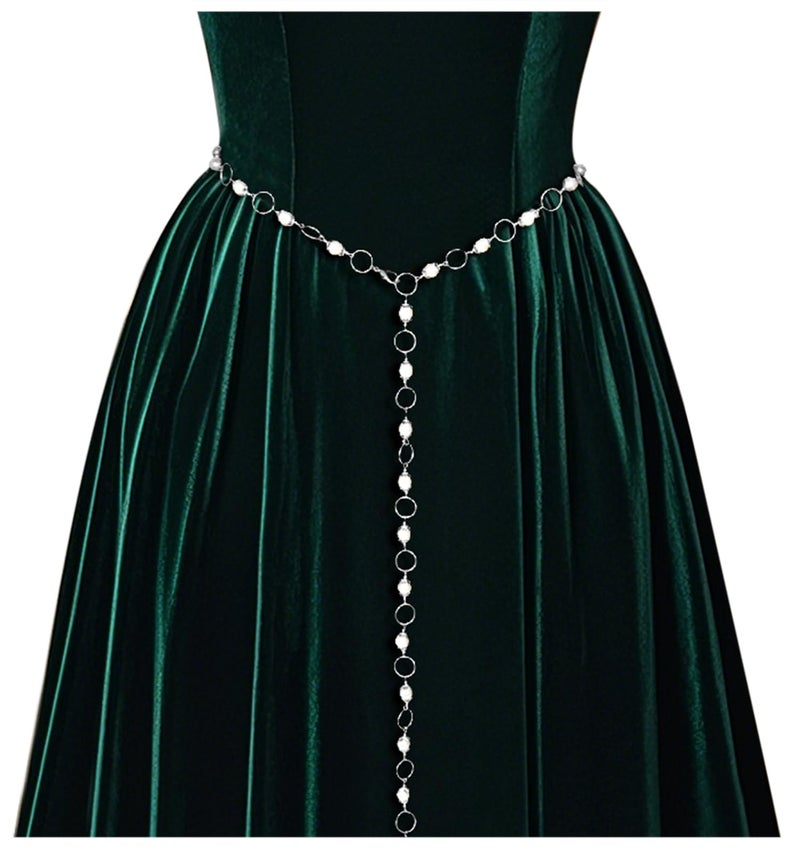 L'VOW Women's Renaissance Medieval Witch Belt - Silver Waist Chain With Concho Bead and Long Pearl for Dresses - Image 1